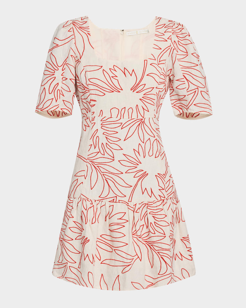 Temma Embroidered Square-Neck Linen Mini Dress